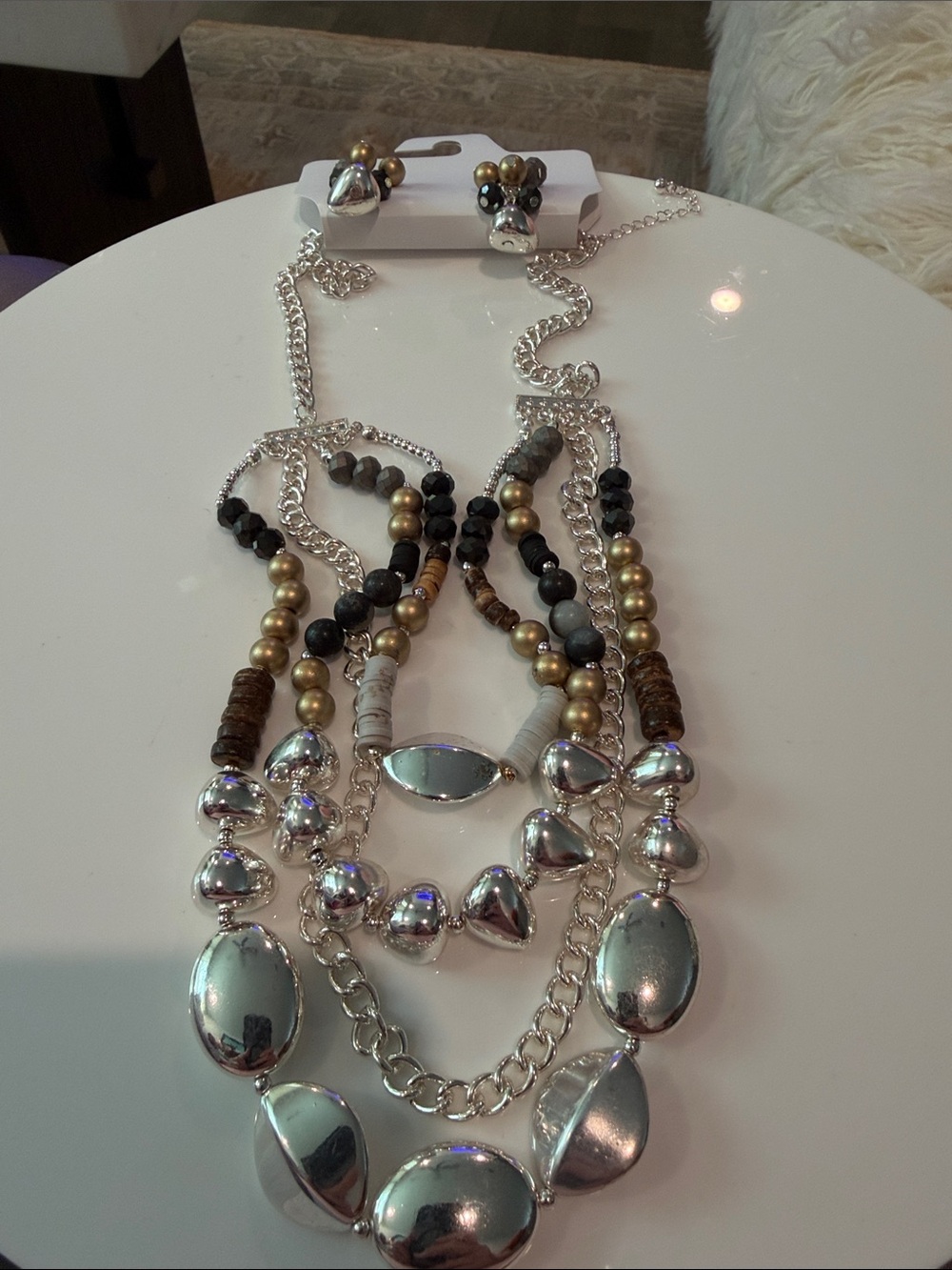 Multi-Strand Silver and Gold Bead Statement Necklace Earrings Brand New
